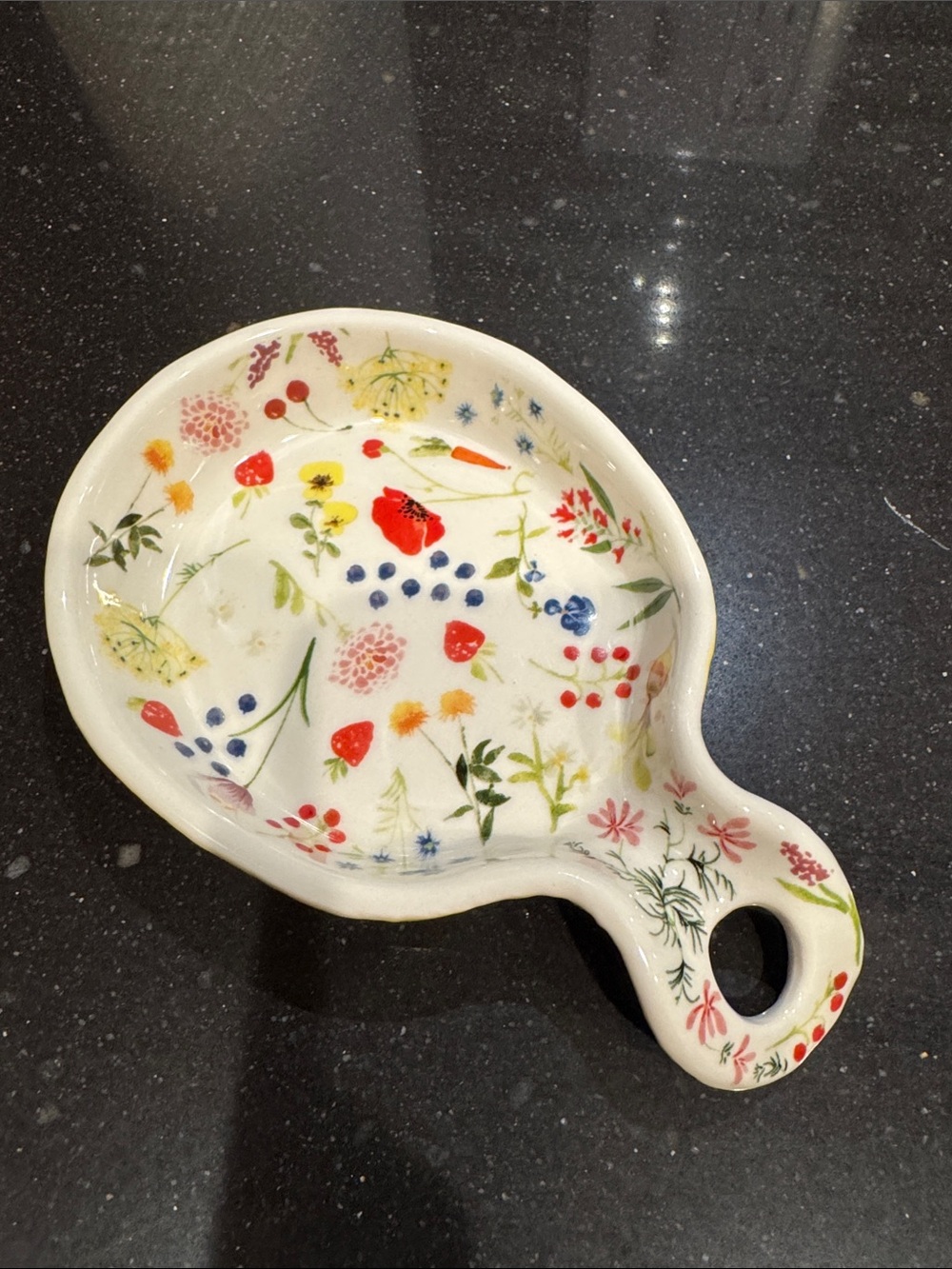 Anthropologie White Ceramic Spoon Rest with Multicolor Floral Motif